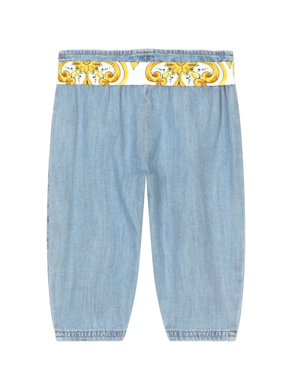 Pantalón vaquero con cinturon con estampado mayólica Dolce & Gabbana Kids para niña