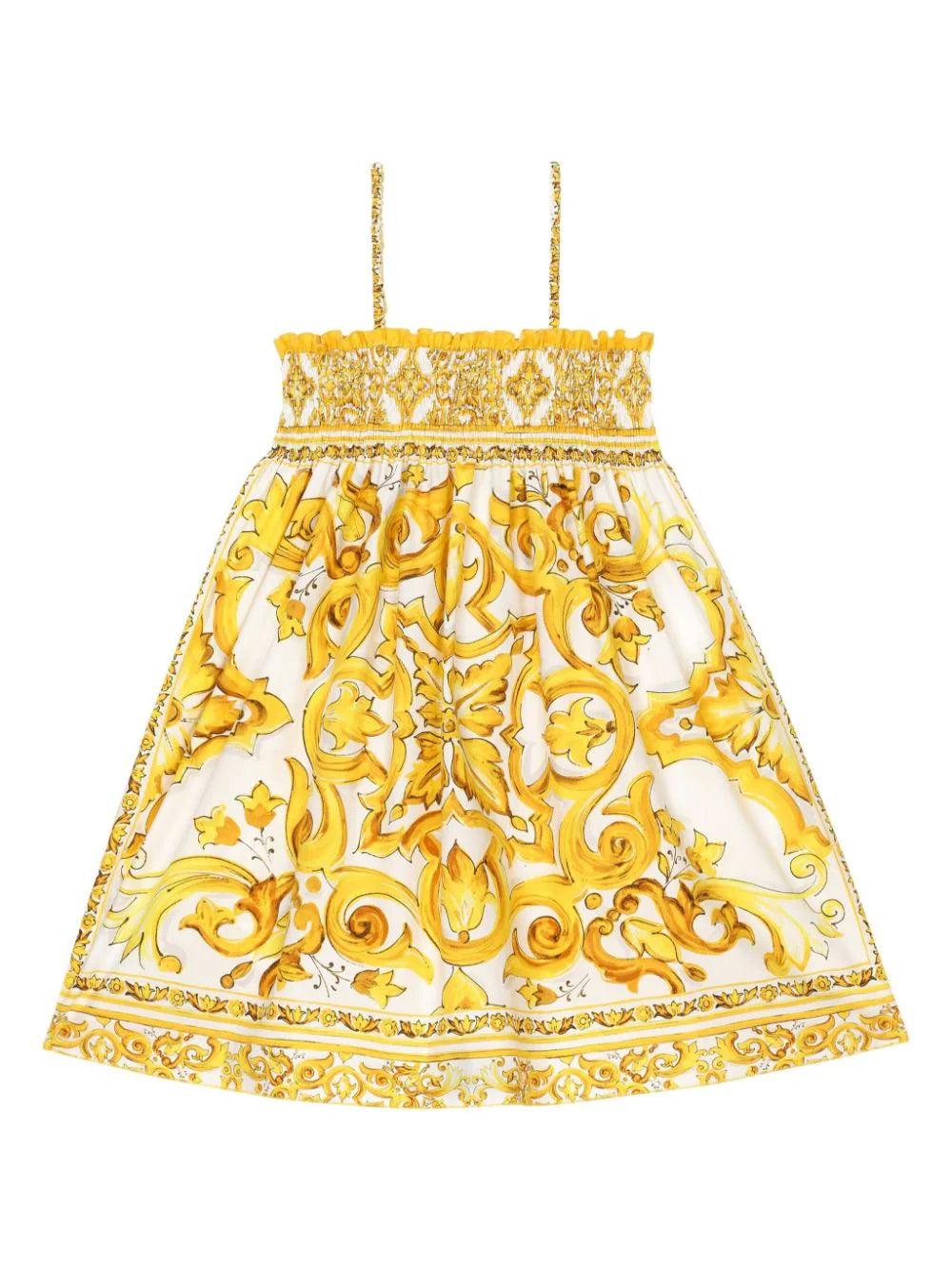 فستان من القطن بطبعة الماجوليكا باللون الأصفر للبنات من دولتشي آند غابانا كيدز