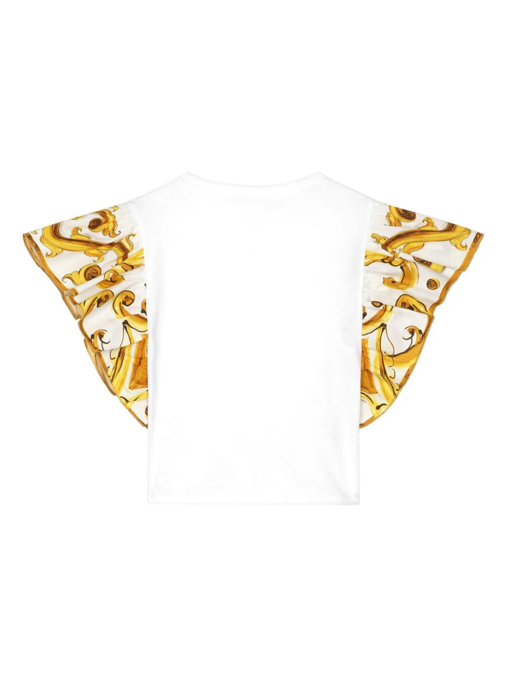 Camiseta de mangas con volantes estampado mayólica amarillo Dolce & Gabbana Kids para niña