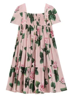 Vestido rosa de algodón con estampado de rosas Dolce&Gabbana para niña
