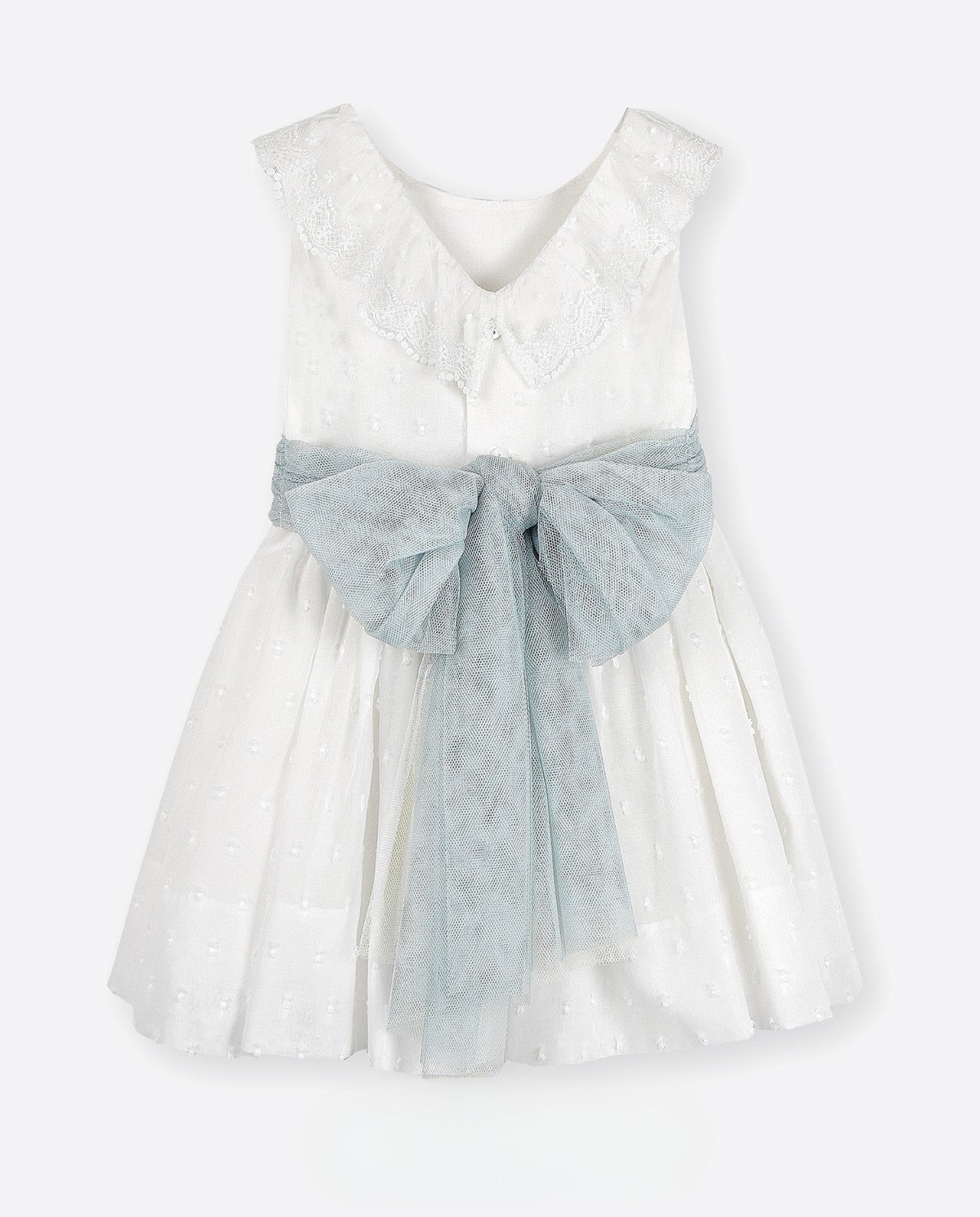 Vestido de ceremonia 593414 blanco con el lazo verde agua de la marca AMAYA