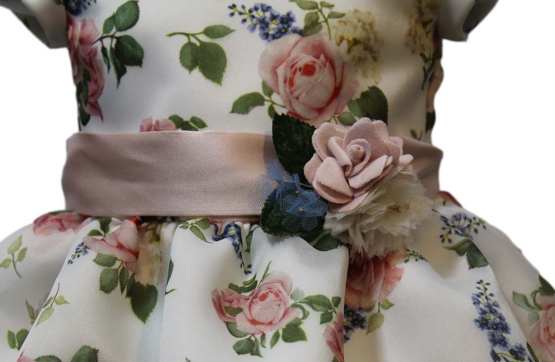 Ropa para niñas - vestido blanco estampado de flores con chaqueta y diadema Ambarabá