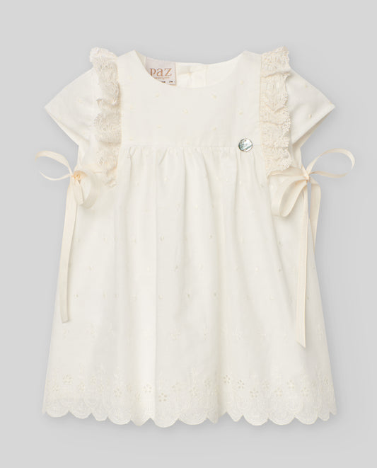 Vestido blanco con bragita y gorro para bebé niña de la marca Paz Rodriguez