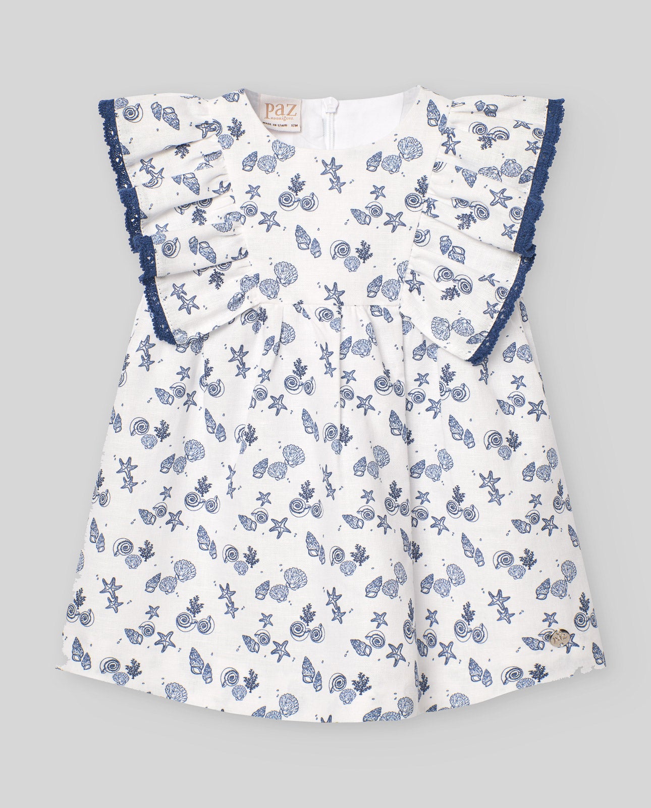 Vestido blanco/azul ¨RIAS¨para niña de marca Paz Rodriguez