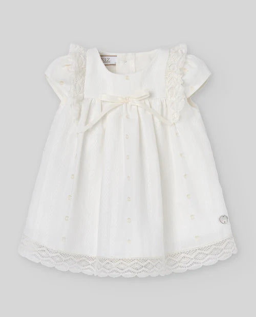 Vestido de algodón blanco de manga corta con braguitas para bebé niña Paz Rodriguez