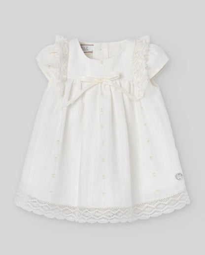 Vestido de algodón blanco de manga corta con braguitas para bebé niña Paz Rodriguez