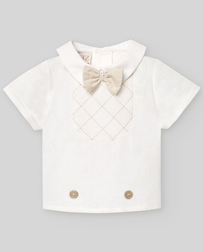 Set de camisa con pajarita y pantalón de lino corto  de Paz Rodriguez para niño