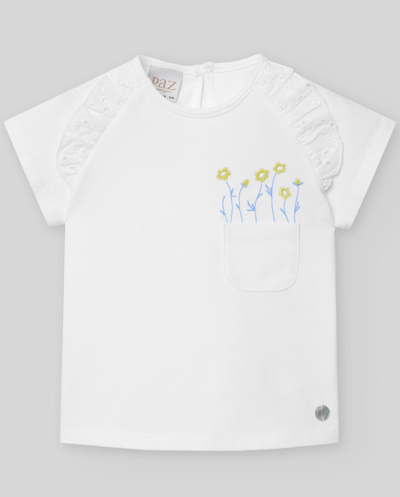 Conjunto de camiseta y falda de tirantes blanco/azul ¨PEONZA¨para niña de marca Paz Rodriguez (Copia)