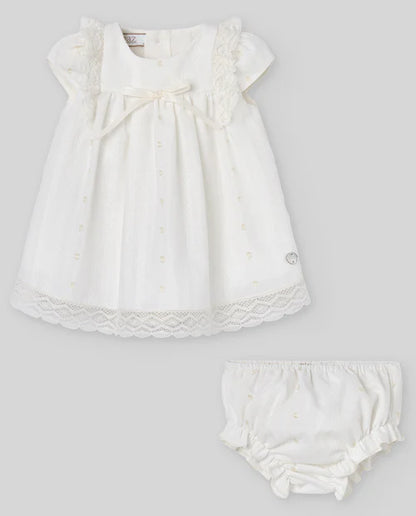 Vestido de algodón blanco de manga corta con braguitas para bebé niña Paz Rodriguez