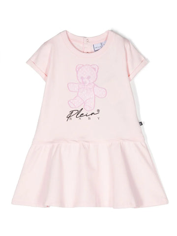 ملابس الأطفال - فستان وردي مع طبعة الدب وشعار Philipp Plein