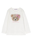 Camiseta con detalles de strass estampado Teddy Bear con lazo rosa Monnalisa