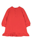 فستان أحمر بأكمام طويلة مع طبعة شعار MOSCHINO