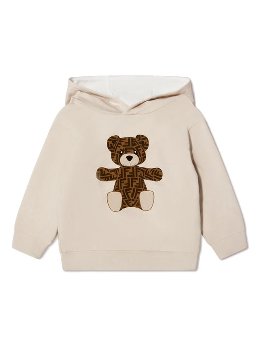 Sudadera beige con capucha y motivo de oso Fendi Kids para bebe niña