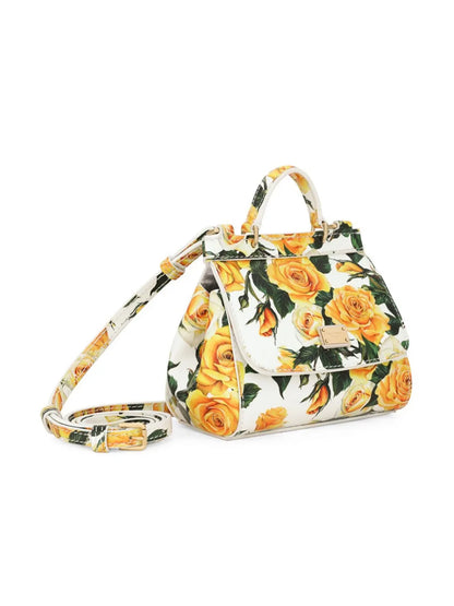 Bolso Sicily en piel de becerro con estampado de rosas amarillo Dolce & Gabbana para niña