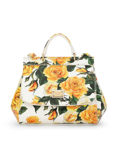 Bolso Sicily en piel de becerro con estampado de rosas amarillo Dolce & Gabbana para niña