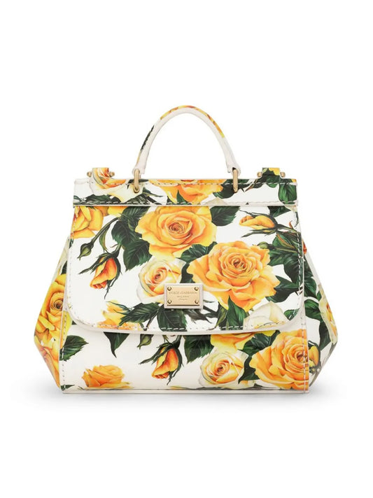 Bolso Sicily en piel de becerro con estampado de rosas amarillo Dolce & Gabbana para niña