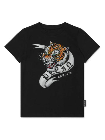 Camiseta  negra estampado con tigre de cristal Philipp Plein