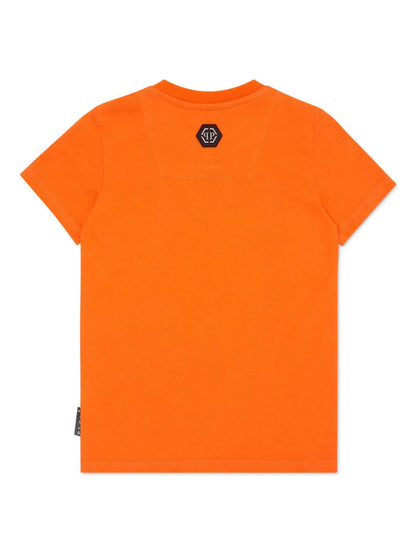 Camiseta naranja estampado con buldog de cristales de la marca Philipp Plein