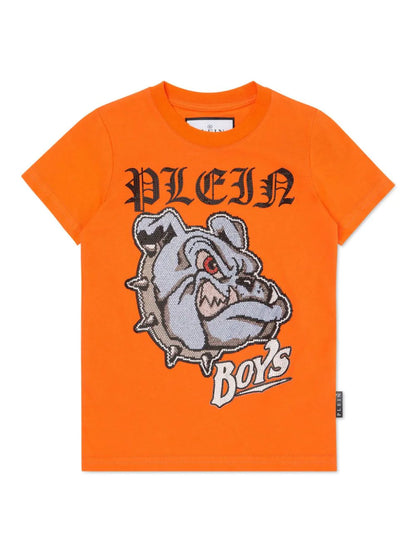 Camiseta naranja estampado con buldog de cristales de la marca Philipp Plein