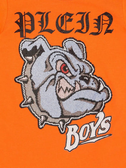Camiseta naranja estampado con buldog de cristales de la marca Philipp Plein