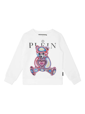 White sweatshirt with multicolor Teddy bear print by Philipp Plein