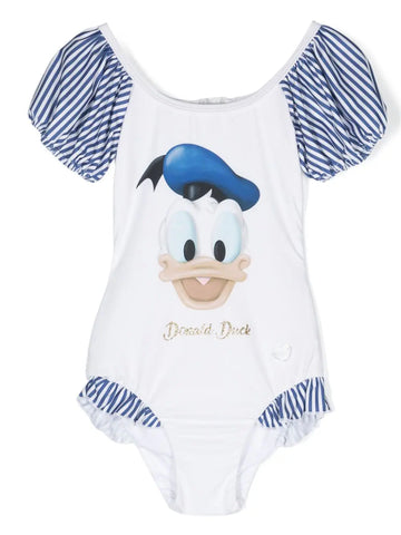 White swimsuit printed with the Disney drawing by the brand Monnalisa