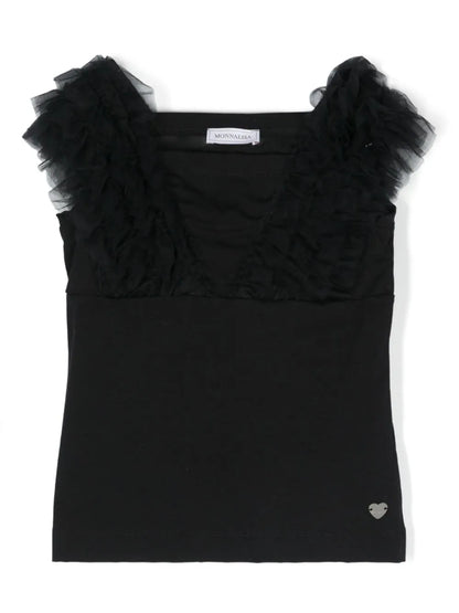 MONNALISA black T-shirt with ruffled edging