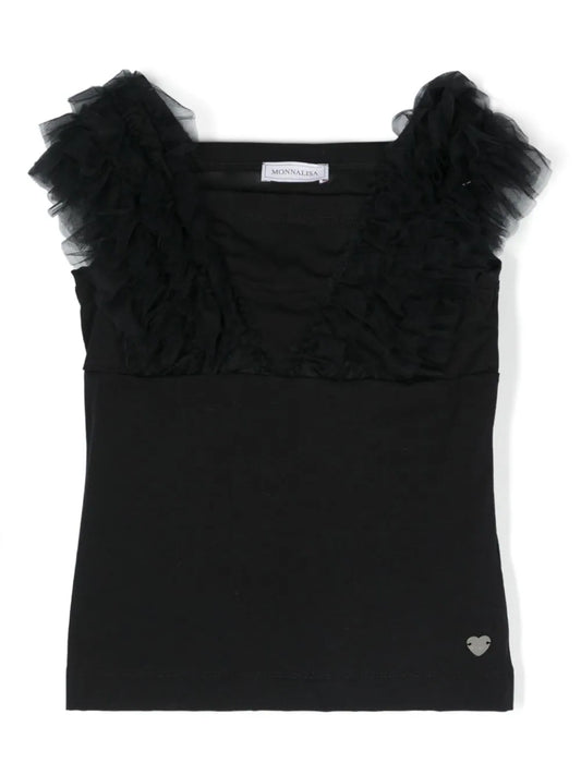 MONNALISA black T-shirt with ruffled edging