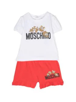 Ropa para niña - set de camiseta blanca y pantalones cortos rojos con estampado Teddy Bear MOSCHINO