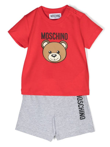Ropa para niños - set de camiseta roja y pantalones cortos grises con estampado Teddy Bear MOSCHINO