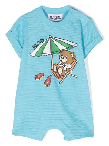 Gift Box light blue romper with Teddy Bear print for baby Moschino