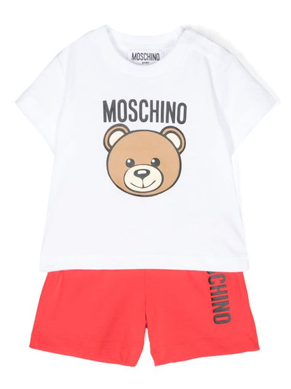 Ropa para niños - set de camiseta blanca y pantalones cortos rojos con estampado Teddy Bear MOSCHINO