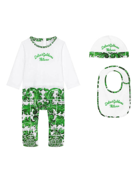 Set de regalo de 3 piezas de punto con estampado mayólica verde Dolce & Gabbana Kids