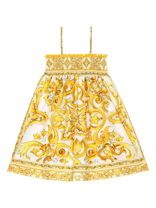 Vestido de algodón con estampado mayólica amarillo Dolce&Gabbana Kids para niña