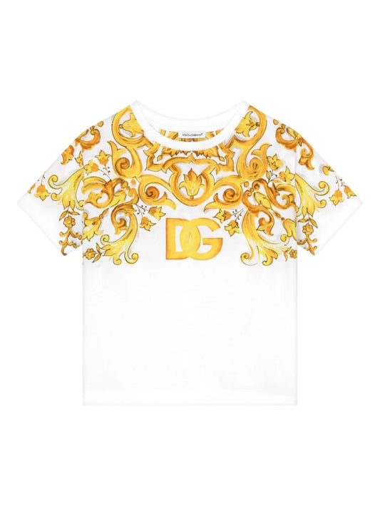 Camiseta con estampado de mayólica amarillo Dolce & Gabbana Kids para niña