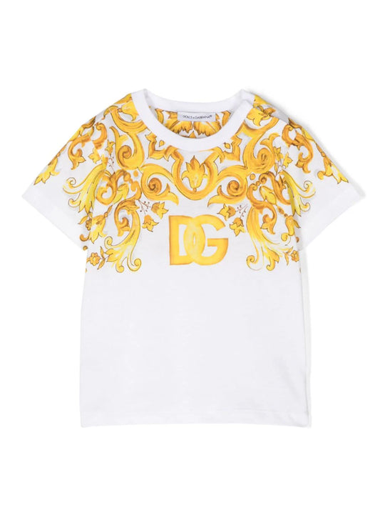 Camiseta de algodón para niña con estampado mayólica amarillo y logo Dolce & Gabbana Kids