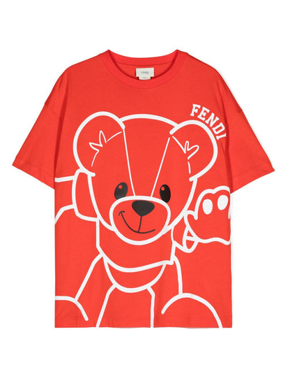 Camiseta roja con oso y logo estampado Fendi Kids para niño