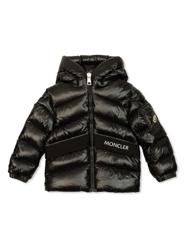 Black quilted jacket with logo patch and hood MONCLER