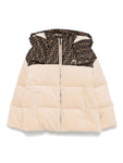 Beige winter jacket with hood and FF logo of the brand Fendi Kids