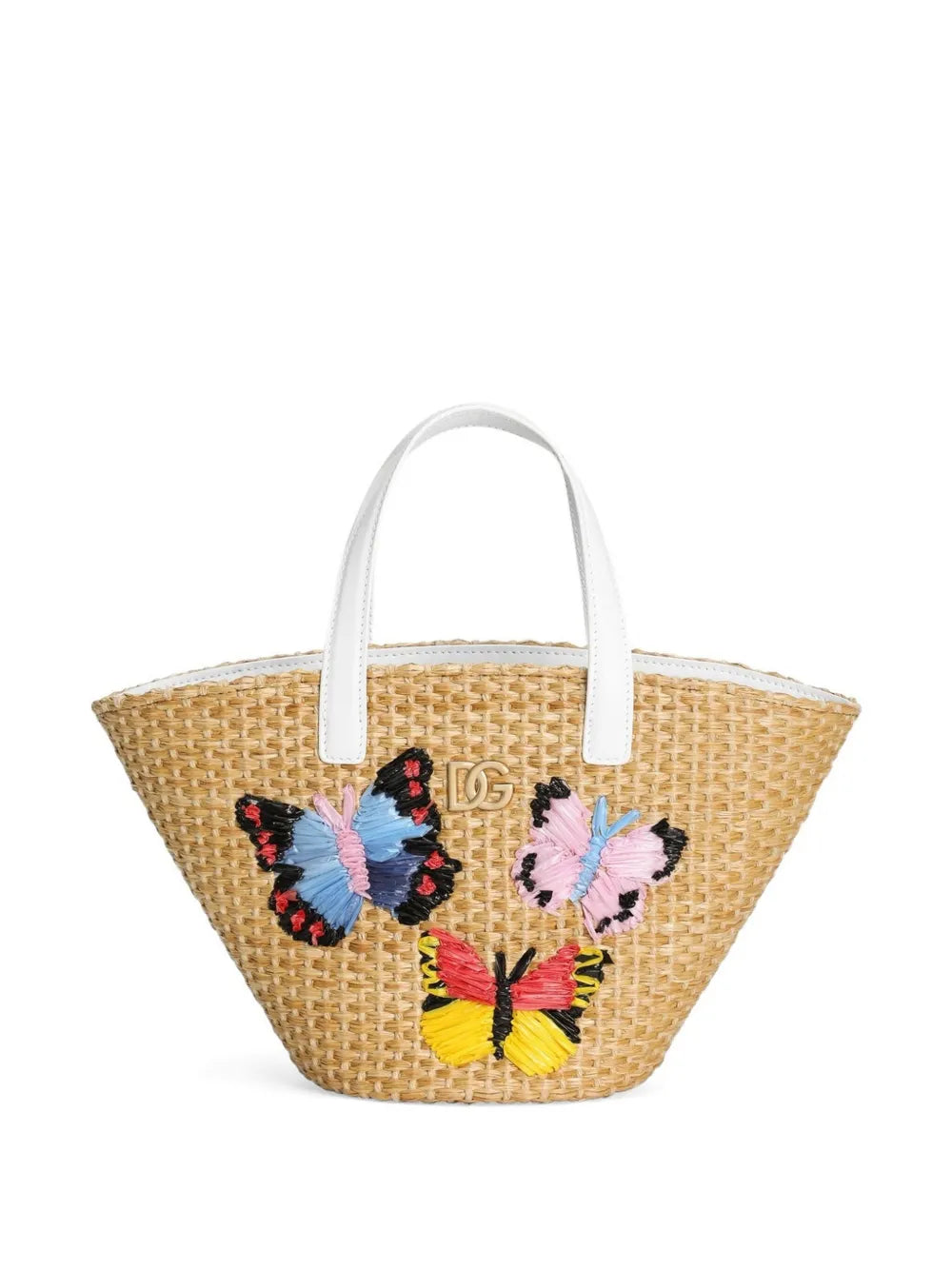 Bolso con logotipo DG metálico y mariposas bordadas en rafia para niña