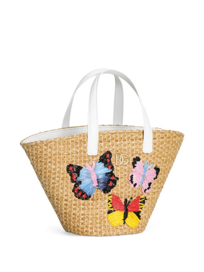Bolso con logotipo DG metálico y mariposas bordadas en rafia para niña