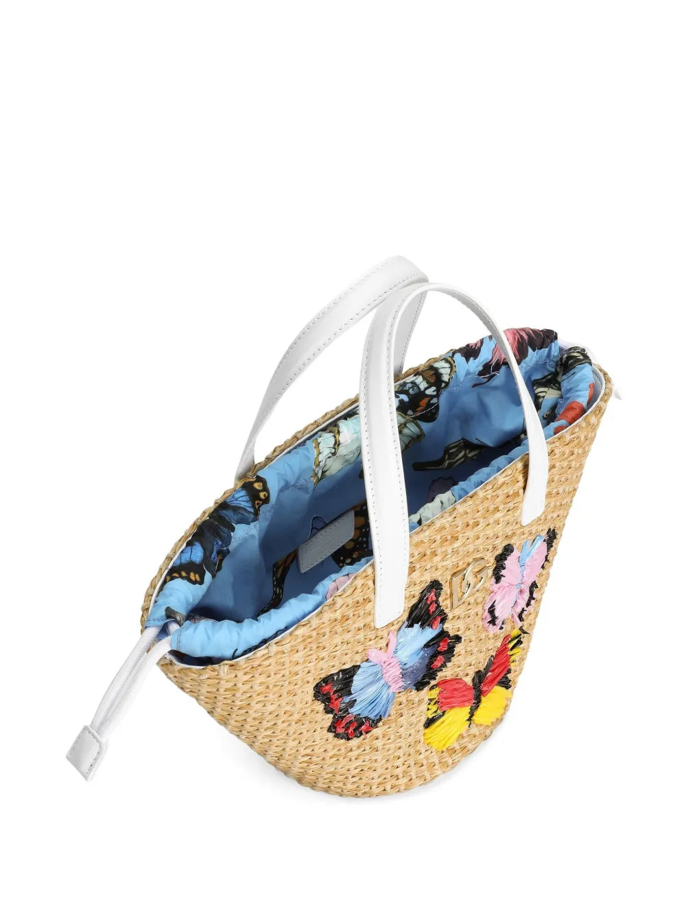Bolso con logotipo DG metálico y mariposas bordadas en rafia para niña