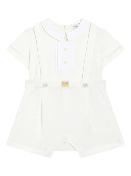 Pelele de interlock de algodón y piqué de punto rombo blanco para bebé niño