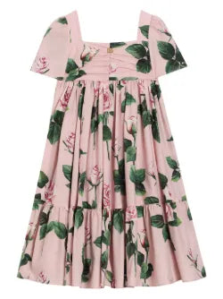 Vestido rosa de algodón con estampado de rosas Dolce&Gabbana para niña
