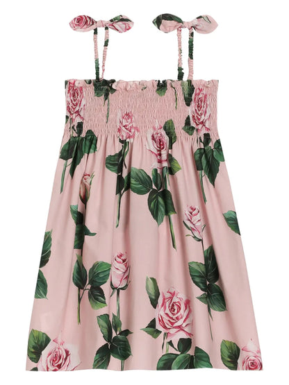 Vestido de algodón rosa con estampado de rosas para niña