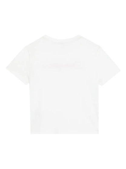 White cotton t-shirt with embroidered logo in thread with sequins for girls