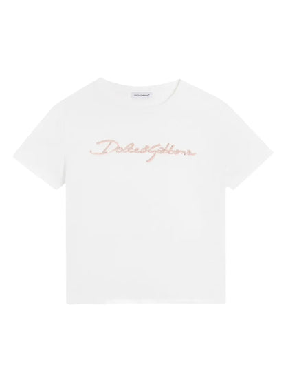 White cotton t-shirt with embroidered logo in thread with sequins for girls