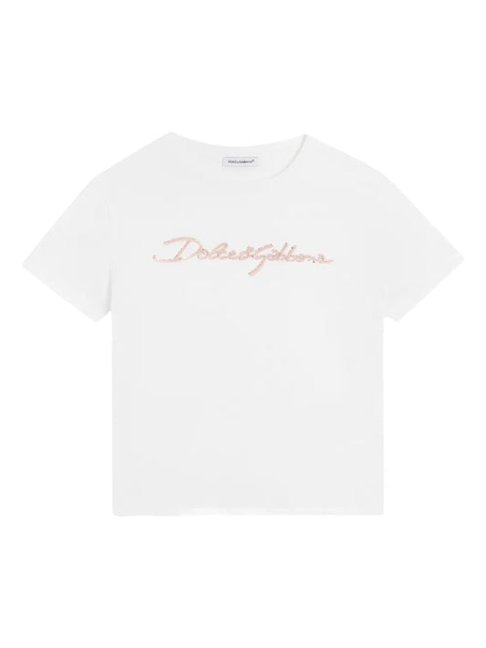 Camiseta de algodón blanca con logotipo bordado en hilo con lentejuelas para niña