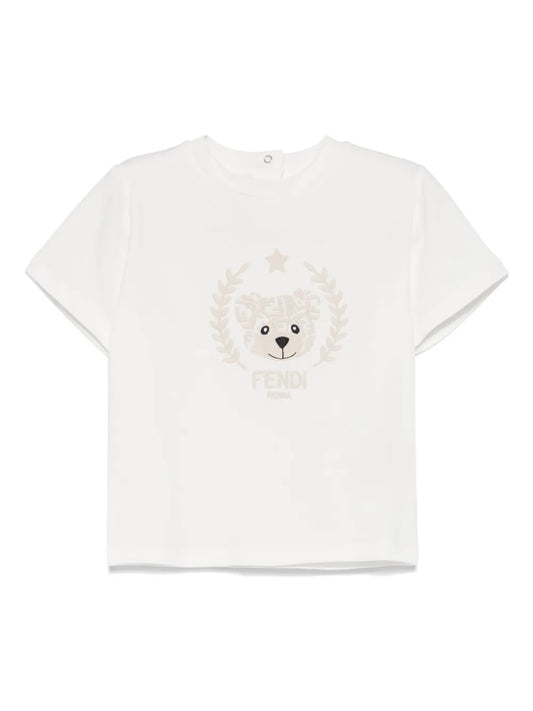 Camiseta para bebé con logo bordado FENDI y osito de la marca Fendi Kids