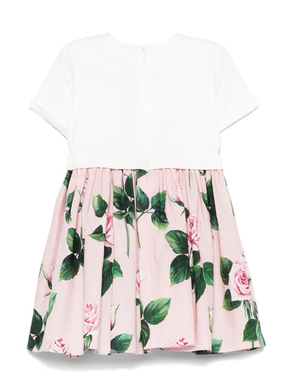 Vestido de punto y popelina con estampado de rosas  para bebe niña